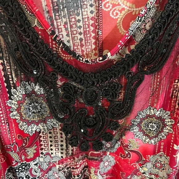 Dressbarn Embellished Trim Tunic Plus 2X Floral Sequins 3/4 Ruched Sleeves Flowy - Picture 9 of 11